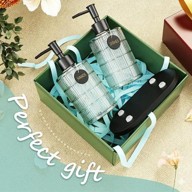 Alt view image 7 of 7 - Soap Dispenser Set with Bamboo Tray, Dish and Hand Soap Lotion Dispenser Set with Wooden Pump for Kitchen and Bathroom Decor for Counter, Modern Vintage Liquid Soap Dispensers (Clear&Black)