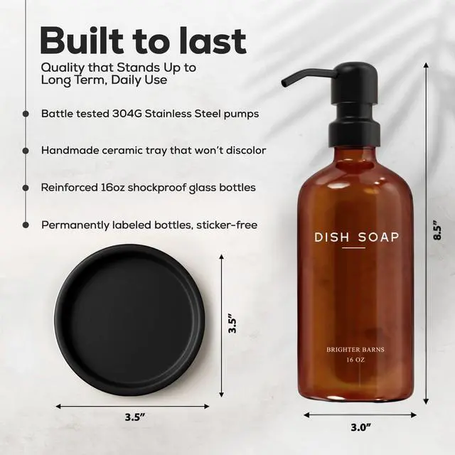 Alt view image 3 of 7 - Amber Glass Dish Soap Dispenser for Kitchen Sink by - Kitchen Soap Dispenser Set with Pump & Tray - Refillable Glass Bottle for Liquid - Modern Home Decor for Airbnb, Restaurant (Amber)