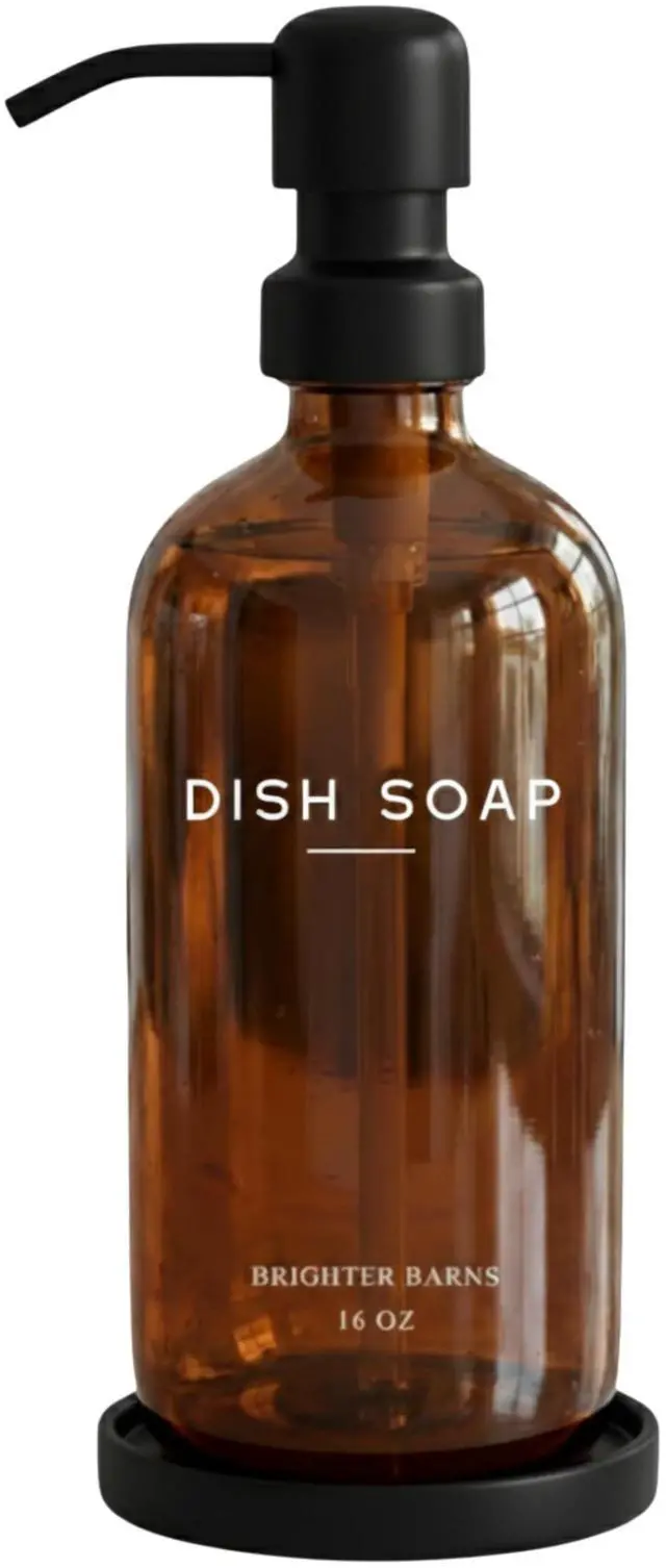 Main image of Amber Glass Dish Soap Dispenser for Kitchen Sink by - Kitchen Soap Dispenser Set with Pump & Tray - Refillable Glass Bottle for Liquid - Modern Home Decor for Airbnb, Restaurant (Amber)