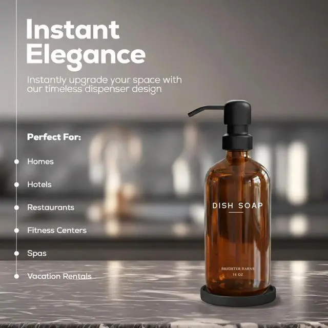 Alt view image 2 of 7 - Amber Glass Dish Soap Dispenser for Kitchen Sink by - Kitchen Soap Dispenser Set with Pump & Tray - Refillable Glass Bottle for Liquid - Modern Home Decor for Airbnb, Restaurant (Amber)