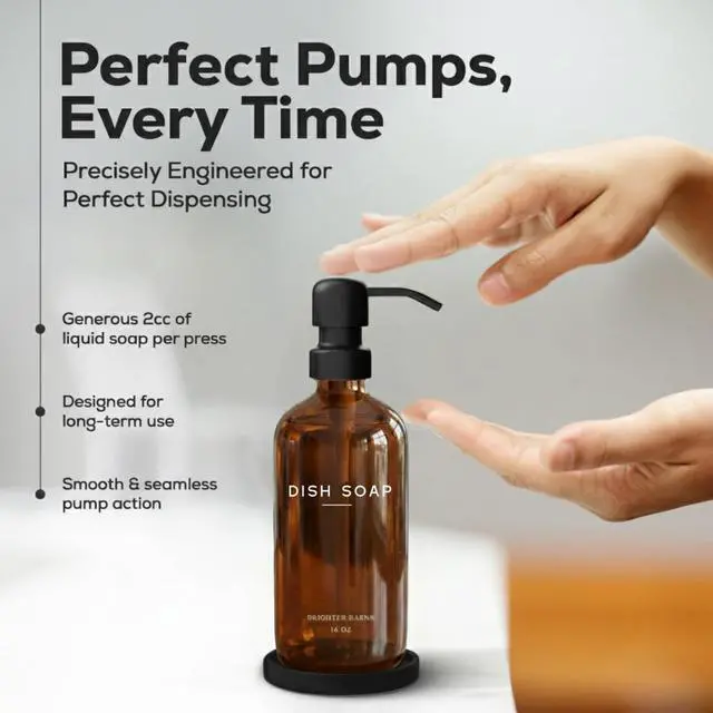 Alt view image 4 of 7 - Amber Glass Dish Soap Dispenser for Kitchen Sink by - Kitchen Soap Dispenser Set with Pump & Tray - Refillable Glass Bottle for Liquid - Modern Home Decor for Airbnb, Restaurant (Amber)