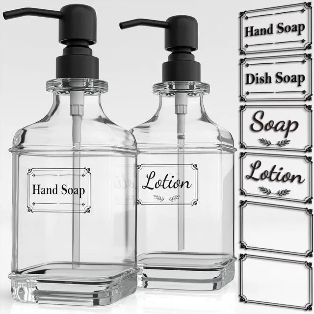 Main image of 2 Pack Soap Dispenser, 18 Oz Antique Design Thick Glass Hand Dispensers; with 304 Rust Proof Stainless Steel Pump, 6Pcs Clear Stickers, for Kitchen, Bathroom- Black