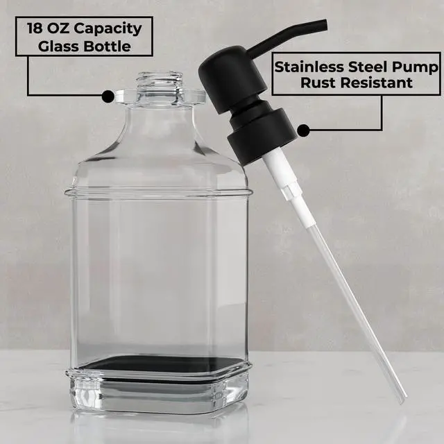 Alt view image 2 of 7 - 2 Pack Soap Dispenser, 18 Oz Antique Design Thick Glass Hand Dispensers; with 304 Rust Proof Stainless Steel Pump, 6Pcs Clear Stickers, for Kitchen, Bathroom- Black