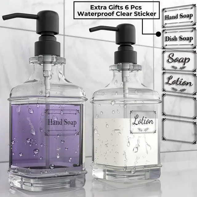 Alt view image 3 of 7 - 2 Pack Soap Dispenser, 18 Oz Antique Design Thick Glass Hand Dispensers; with 304 Rust Proof Stainless Steel Pump, 6Pcs Clear Stickers, for Kitchen, Bathroom- Black