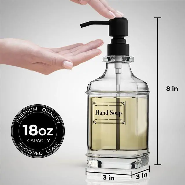 Alt view image 4 of 7 - 2 Pack Soap Dispenser, 18 Oz Antique Design Thick Glass Hand Dispensers; with 304 Rust Proof Stainless Steel Pump, 6Pcs Clear Stickers, for Kitchen, Bathroom- Black