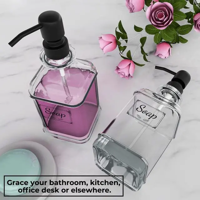 Alt view image 5 of 7 - 2 Pack Soap Dispenser, 18 Oz Antique Design Thick Glass Hand Dispensers; with 304 Rust Proof Stainless Steel Pump, 6Pcs Clear Stickers, for Kitchen, Bathroom- Black
