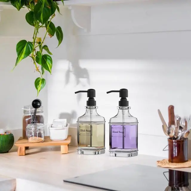 Alt view image 6 of 7 - 2 Pack Soap Dispenser, 18 Oz Antique Design Thick Glass Hand Dispensers; with 304 Rust Proof Stainless Steel Pump, 6Pcs Clear Stickers, for Kitchen, Bathroom- Black