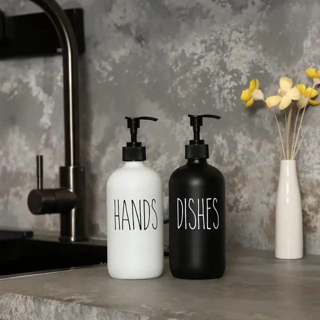 Alt view image 3 of 7 - Soap Dispenser Set 2 Pack, Contains Hand and Dish Soap Dispenser, Perfect for Black and White Kitchen Decor. (Black & White)
