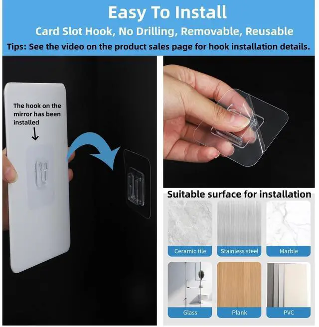 Alt view image 4 of 7 - Shower Mirror Fogless Shaving with Razor Holder for Shower, Anti Fog Shower Mirror & includes 2 Razor Hooks & 2 Mirror Hooks, Easy Install & Unbreakable, Mirror for Shower Wall(Small 6.8x5.2in)