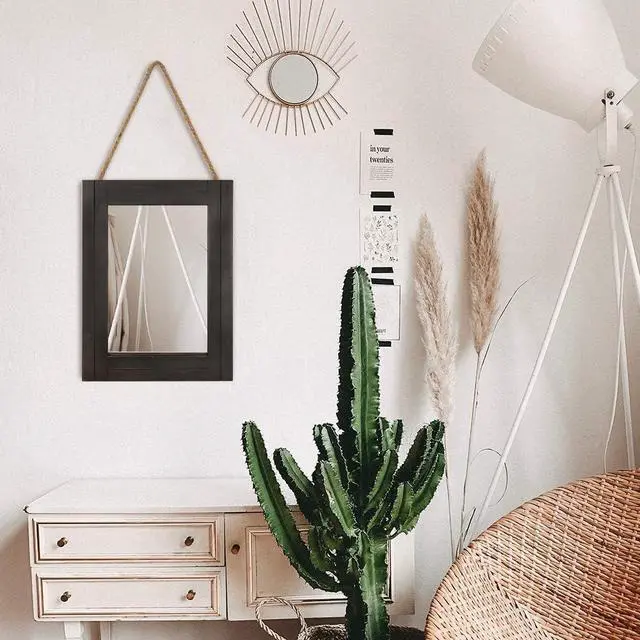 Alt view image 5 of 7 - Rectangle Wall Mirror for Bathroom, Distressed White Wood Decor with Hanging Rope for Rustic Home Decor, Vanity, Living Room 12"×16"Black