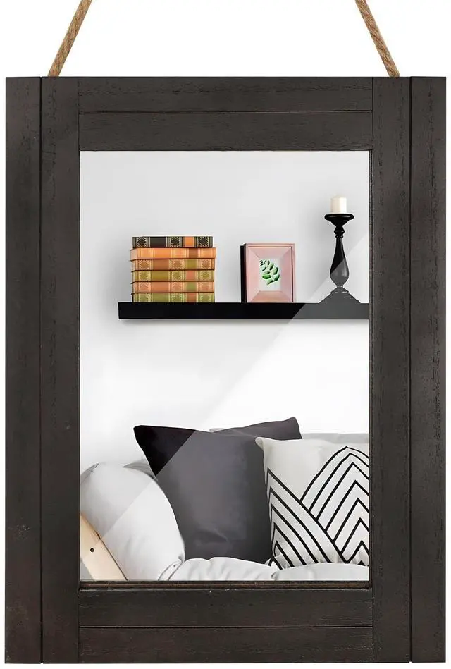 Main image of Rectangle Wall Mirror for Bathroom, Distressed White Wood Decor with Hanging Rope for Rustic Home Decor, Vanity, Living Room 12"×16"Black