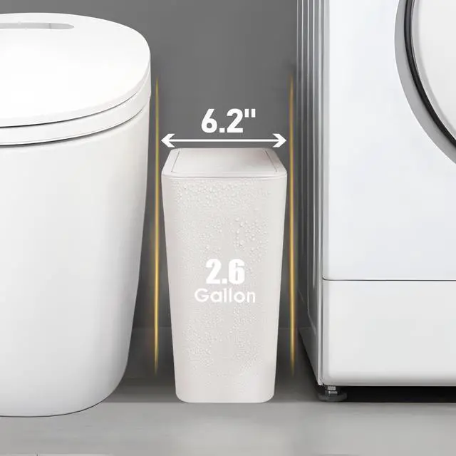 Alt view image 2 of 7 - Bathroom Trash Can with Lid, 10 Liter/ 2.6 Gallon Slim Garbage Can, Small Trash Bin Waste Basket with Pop-Up Lid for Kitchen, Bedroom, Living Room, Office (White)
