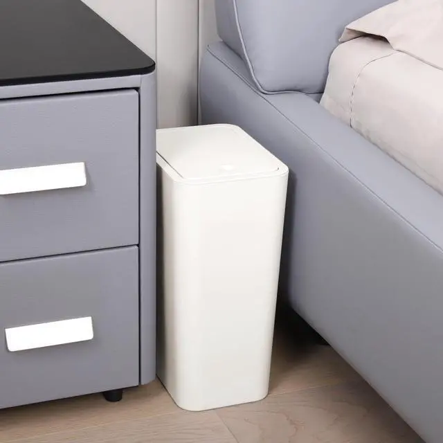 Alt view image 3 of 7 - Bathroom Trash Can with Lid, 10 Liter/ 2.6 Gallon Slim Garbage Can, Small Trash Bin Waste Basket with Pop-Up Lid for Kitchen, Bedroom, Living Room, Office (White)