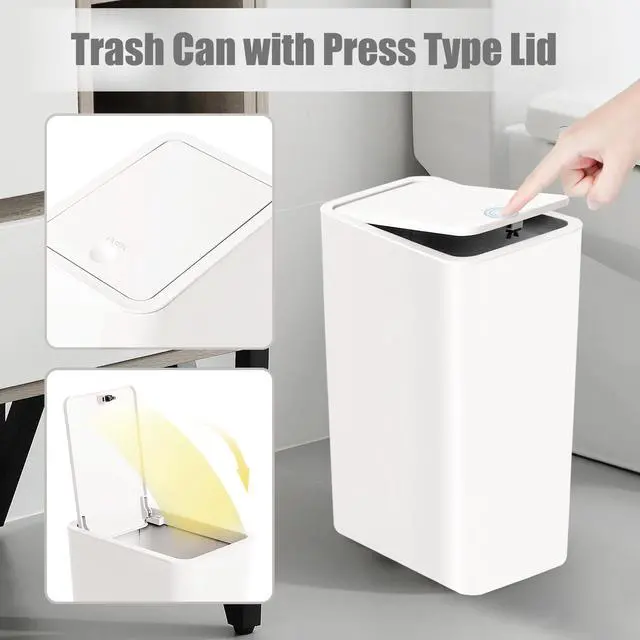 Alt view image 4 of 7 - Bathroom Trash Can with Lid, 10 Liter/ 2.6 Gallon Slim Garbage Can, Small Trash Bin Waste Basket with Pop-Up Lid for Kitchen, Bedroom, Living Room, Office (White)