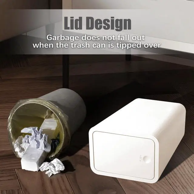 Alt view image 7 of 7 - Bathroom Trash Can with Lid, 10 Liter/ 2.6 Gallon Slim Garbage Can, Small Trash Bin Waste Basket with Pop-Up Lid for Kitchen, Bedroom, Living Room, Office (White)