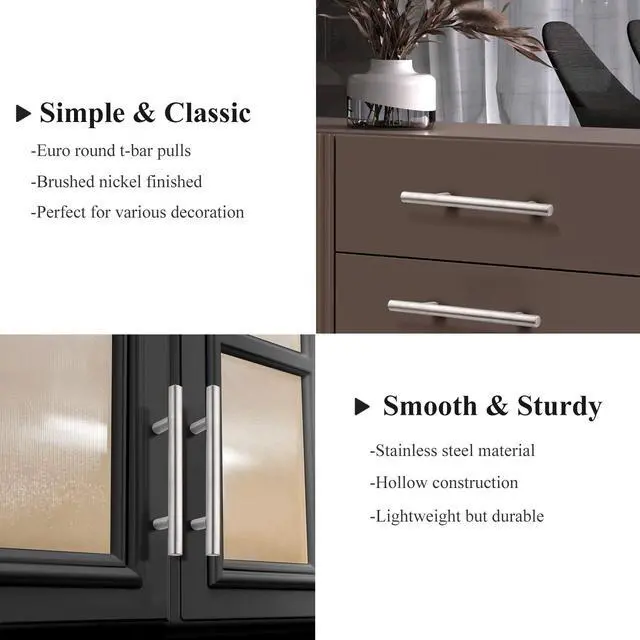 Alt view image 4 of 7 - (30 Pack 3 Inch Hole Centers Kitchen Cabinet Handles Euro T Bar Cabinet Pulls Stainless Steel Kitchen Drawer Handles Brushed Nickel Furniture Dresser Cabinet Hardware, 5 Inch Total Length