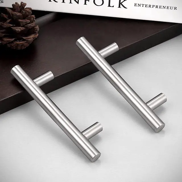Alt view image 3 of 7 - (30 Pack 3 Inch Hole Centers Kitchen Cabinet Handles Euro T Bar Cabinet Pulls Stainless Steel Kitchen Drawer Handles Brushed Nickel Furniture Dresser Cabinet Hardware, 5 Inch Total Length