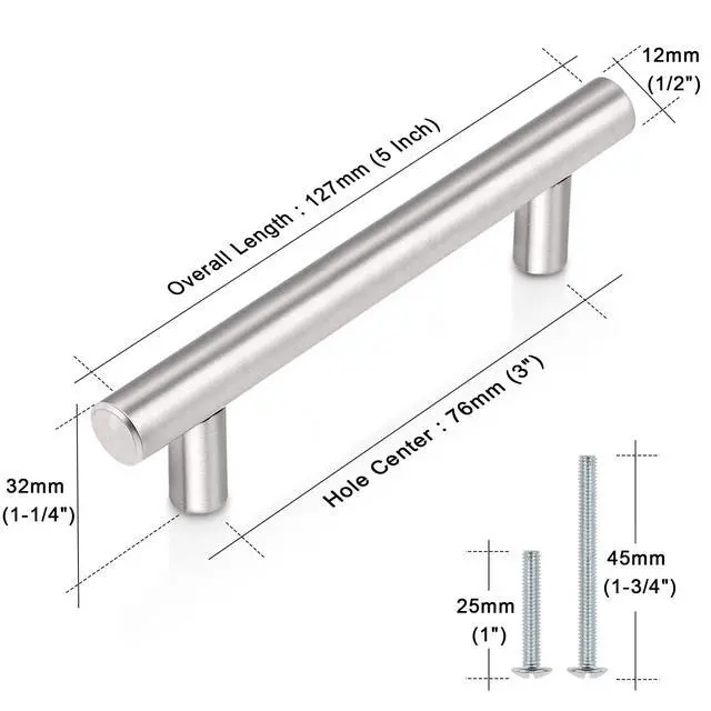 Alt view image 6 of 7 - (30 Pack 3 Inch Hole Centers Kitchen Cabinet Handles Euro T Bar Cabinet Pulls Stainless Steel Kitchen Drawer Handles Brushed Nickel Furniture Dresser Cabinet Hardware, 5 Inch Total Length