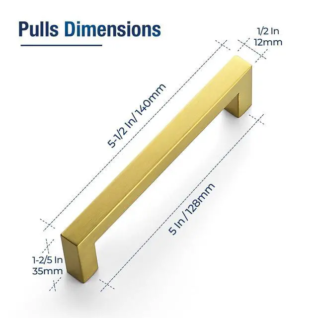 Alt view image 2 of 7 - Gold Cabinet Handles Square Cabinet Pulls, 5 Inch CC, 10 Pack