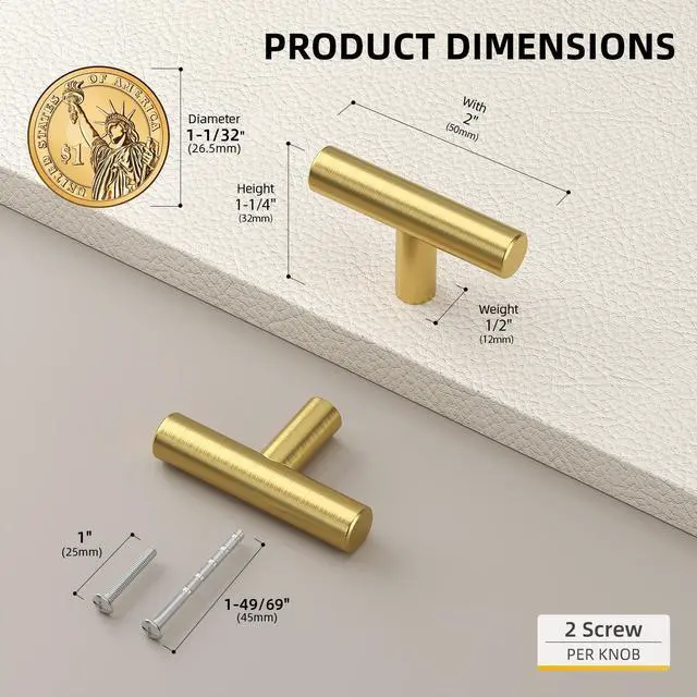 Alt view image 2 of 7 - 10 Pack Gold Cabinet Knobs Brushed Brass Drawer Knobs Gold Dresser Hardware - LS201GD Single Hole Handles for Kitchen Cupboard Doors Closet Hardware 2in Overall Length