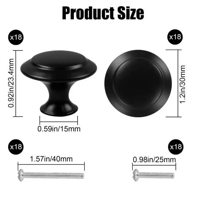 Alt view image 2 of 7 - 18 Piece Drawer Hardware - Black 30mm Cabinet Knobs & Pulls for Dressers & Kitchens with Screw