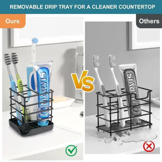 Alt view image 2 of 7 - Toothbrush Holders for Bathrooms, Stainless Steel Bathroom Toothbrush Holder Kids Electric Tooth Brushing Holder Stand and Toothpaste Holder for Bathroom Accessories Organizer with Tray, Black (Small)
