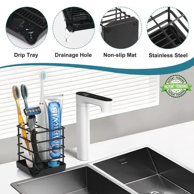 Alt view image 4 of 7 - Toothbrush Holders for Bathrooms, Stainless Steel Bathroom Toothbrush Holder Kids Electric Tooth Brushing Holder Stand and Toothpaste Holder for Bathroom Accessories Organizer with Tray, Black (Small)