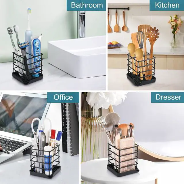 Alt view image 5 of 7 - Toothbrush Holders for Bathrooms, Stainless Steel Bathroom Toothbrush Holder Kids Electric Tooth Brushing Holder Stand and Toothpaste Holder for Bathroom Accessories Organizer with Tray, Black (Small)