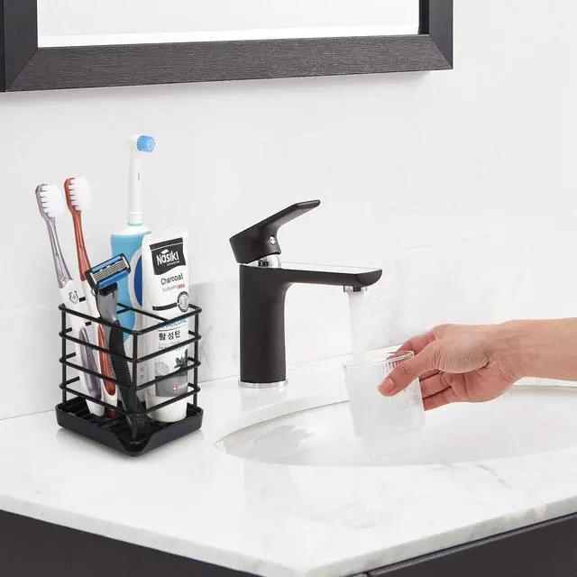 Alt view image 7 of 7 - Toothbrush Holders for Bathrooms, Stainless Steel Bathroom Toothbrush Holder Kids Electric Tooth Brushing Holder Stand and Toothpaste Holder for Bathroom Accessories Organizer with Tray, Black (Small)