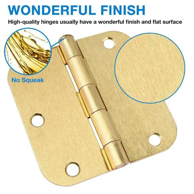 Alt view image 2 of 6 - 3 Pack Round Door Hinges 3-1/2" x 3.5 inch, 5/8 Radius, Brushed Brass 3 ½ Inch Satin Gold House Interior Hinge for Bed/Living/Guest/Pantry/Storage/Study/Work Room Doors Heavy Duty Iron Hardware Kit