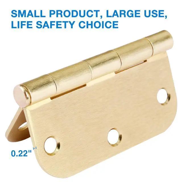 Alt view image 4 of 6 - 3 Pack Round Door Hinges 3-1/2" x 3.5 inch, 5/8 Radius, Brushed Brass 3 ½ Inch Satin Gold House Interior Hinge for Bed/Living/Guest/Pantry/Storage/Study/Work Room Doors Heavy Duty Iron Hardware Kit
