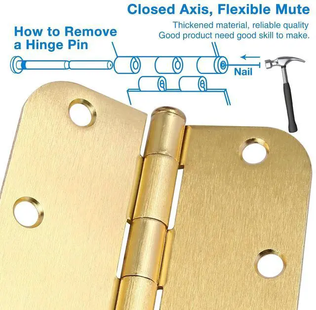 Alt view image 3 of 6 - 3 Pack Round Door Hinges 3-1/2" x 3.5 inch, 5/8 Radius, Brushed Brass 3 ½ Inch Satin Gold House Interior Hinge for Bed/Living/Guest/Pantry/Storage/Study/Work Room Doors Heavy Duty Iron Hardware Kit