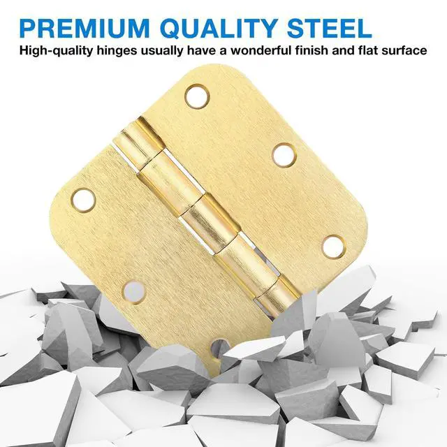 Alt view image 6 of 6 - 3 Pack Round Door Hinges 3-1/2" x 3.5 inch, 5/8 Radius, Brushed Brass 3 ½ Inch Satin Gold House Interior Hinge for Bed/Living/Guest/Pantry/Storage/Study/Work Room Doors Heavy Duty Iron Hardware Kit