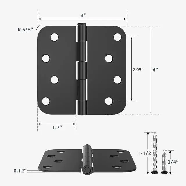 Alt view image 2 of 7 - 6 Pack Heavy Duty Door Hinges, Matte Black Door Hinges 4X 4 Inch with 5/8'' Radius Corner, Interior & Exterior Black Door Hinge, Black Door Hardware for Entryway, Patio, Playhouse & More