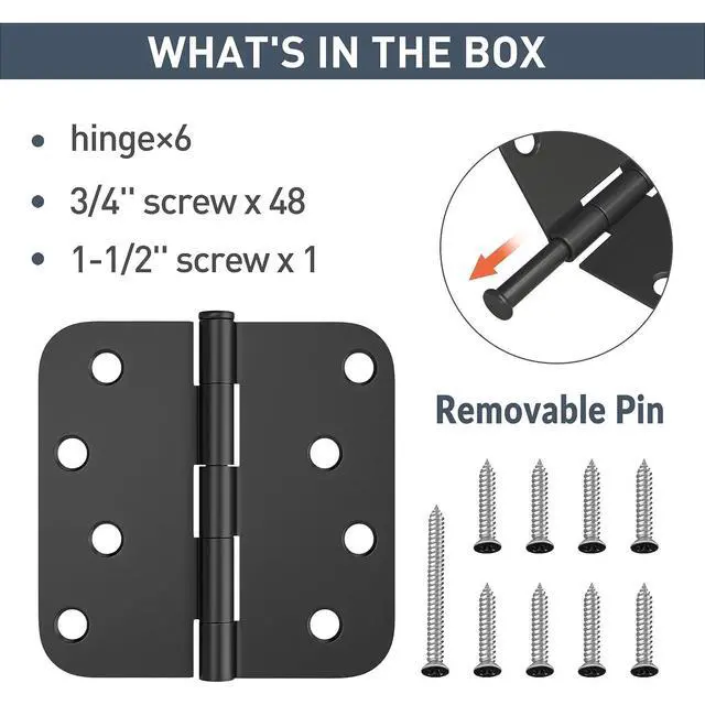 Alt view image 3 of 7 - 6 Pack Heavy Duty Door Hinges, Matte Black Door Hinges 4X 4 Inch with 5/8'' Radius Corner, Interior & Exterior Black Door Hinge, Black Door Hardware for Entryway, Patio, Playhouse & More