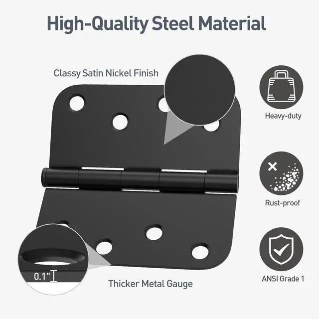 Alt view image 4 of 7 - 6 Pack Heavy Duty Door Hinges, Matte Black Door Hinges 4X 4 Inch with 5/8'' Radius Corner, Interior & Exterior Black Door Hinge, Black Door Hardware for Entryway, Patio, Playhouse & More