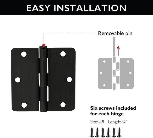 Alt view image 4 of 5 - Door Hinges for Interior Doors 10-Pack 3-1/2-inch x 3-1/2-inch/4-inch Radius Steel Door Hinge Door Hardware, Oil Rubbed Bronze, 181388