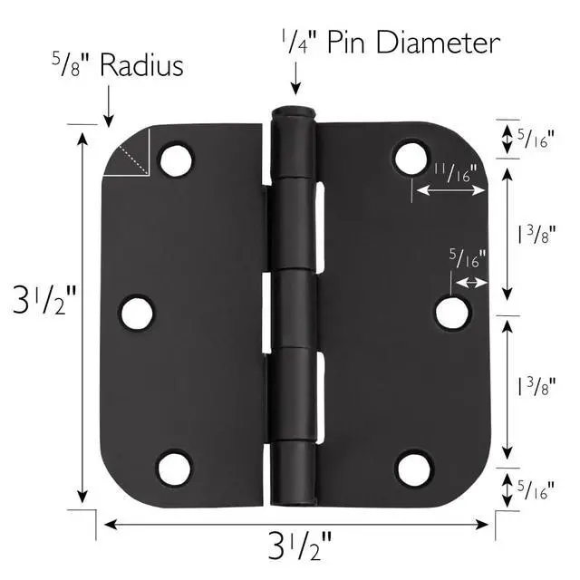 Alt view image 2 of 7 - Interior Door Hinges, 3.5 in. x 3.5 in., Rounded, 5/8-in. Radius, Steel, Pre-Lubricated, Matte Black, 3-Pack, 188904