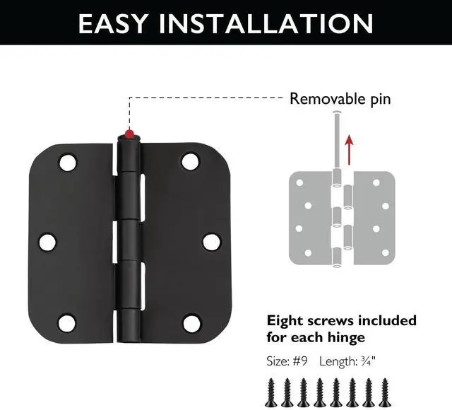 Alt view image 3 of 7 - Interior Door Hinges, 3.5 in. x 3.5 in., Rounded, 5/8-in. Radius, Steel, Pre-Lubricated, Matte Black, 3-Pack, 188904
