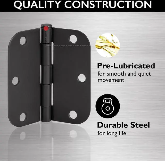 Alt view image 4 of 7 - Interior Door Hinges, 3.5 in. x 3.5 in., Rounded, 5/8-in. Radius, Steel, Pre-Lubricated, Matte Black, 3-Pack, 188904
