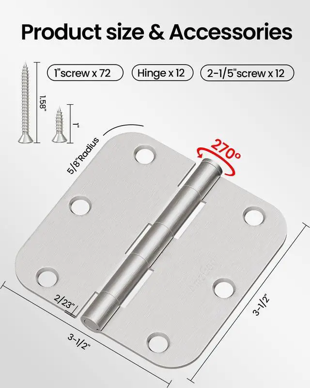 Alt view image 2 of 7 - Door Hinges Brushed Nickel 12 Pack 3.5 Inch Rounded 5/8" Radius