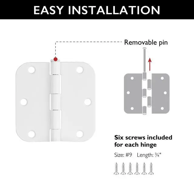 Alt view image 3 of 7 - Door Hinges for Interior Doors 6-Pack 3.5-inch x 3.5-inch Rounded 5/8-inch Radius Steel Door Hinge Painted White Fits Standard Doors 189605