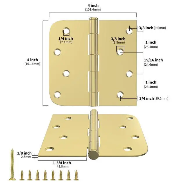 Alt view image 2 of 7 - Pack of 3 4in Door Hinges Brushed Brass Gold Door Hinges Butt Hinges with Square & Round Corners, Interior Door Hardware