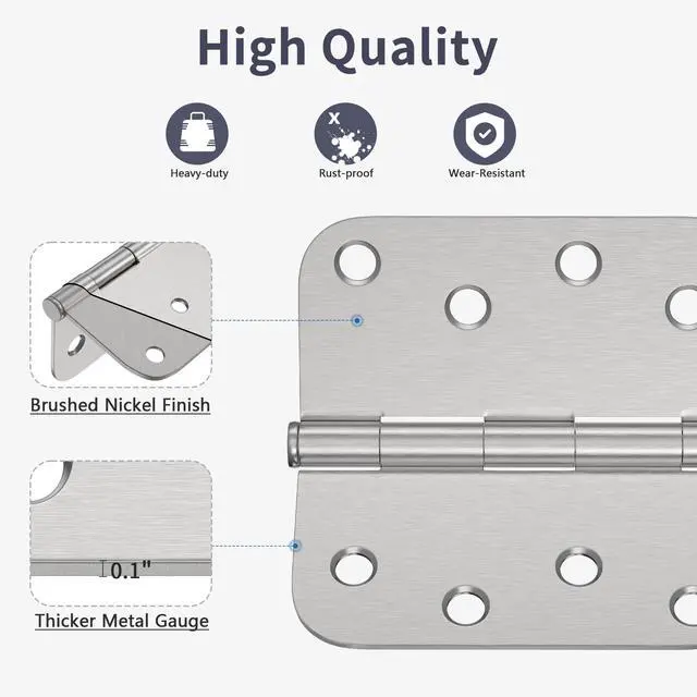 Alt view image 3 of 7 - 3 Pack Door Hinges 4 Inch, Brushed Nickel Hinges with 5/8" Radius & Square Corners, Removable Pin, Exterior Door Hinges Perfect for Heavy-Duty Front & Back Door, Anti-Rust & No Squeaks