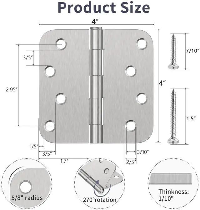 Alt view image 2 of 7 - 3 Pack Door Hinges 4 Inch, Brushed Nickel Hinges with 5/8" Radius & Square Corners, Removable Pin, Exterior Door Hinges Perfect for Heavy-Duty Front & Back Door, Anti-Rust & No Squeaks