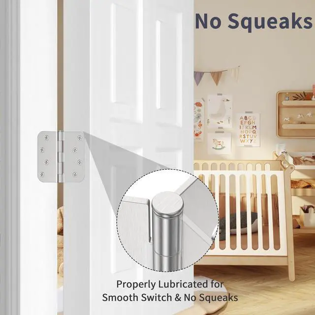 Alt view image 5 of 7 - 3 Pack Door Hinges 4 Inch, Brushed Nickel Hinges with 5/8" Radius & Square Corners, Removable Pin, Exterior Door Hinges Perfect for Heavy-Duty Front & Back Door, Anti-Rust & No Squeaks