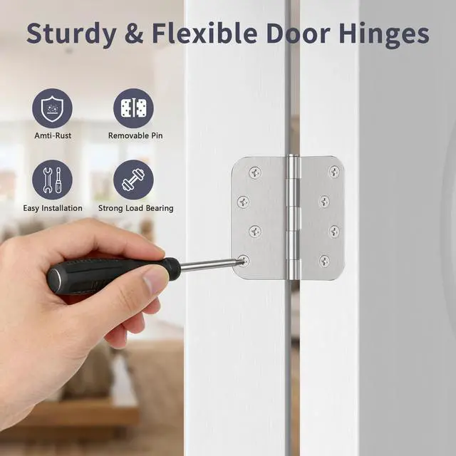 Alt view image 4 of 7 - 3 Pack Door Hinges 4 Inch, Brushed Nickel Hinges with 5/8" Radius & Square Corners, Removable Pin, Exterior Door Hinges Perfect for Heavy-Duty Front & Back Door, Anti-Rust & No Squeaks