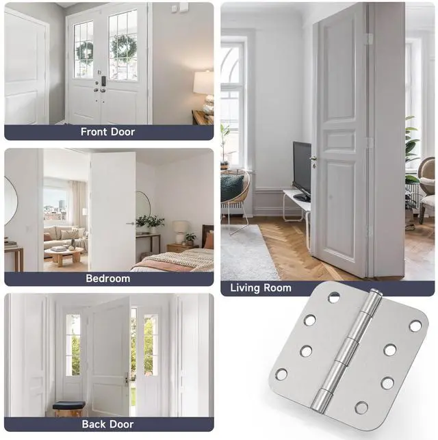Alt view image 6 of 7 - 3 Pack Door Hinges 4 Inch, Brushed Nickel Hinges with 5/8" Radius & Square Corners, Removable Pin, Exterior Door Hinges Perfect for Heavy-Duty Front & Back Door, Anti-Rust & No Squeaks
