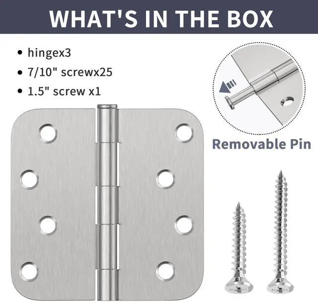 Alt view image 7 of 7 - 3 Pack Door Hinges 4 Inch, Brushed Nickel Hinges with 5/8" Radius & Square Corners, Removable Pin, Exterior Door Hinges Perfect for Heavy-Duty Front & Back Door, Anti-Rust & No Squeaks