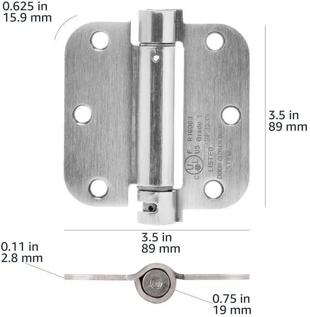 Alt view image 4 of 5 - Self-Closing Door Hinge, 3.5 Inch x 3.5 Inch, 5/8-Inch Radius, Satin Nickel, 1-Piece, Hardware Included